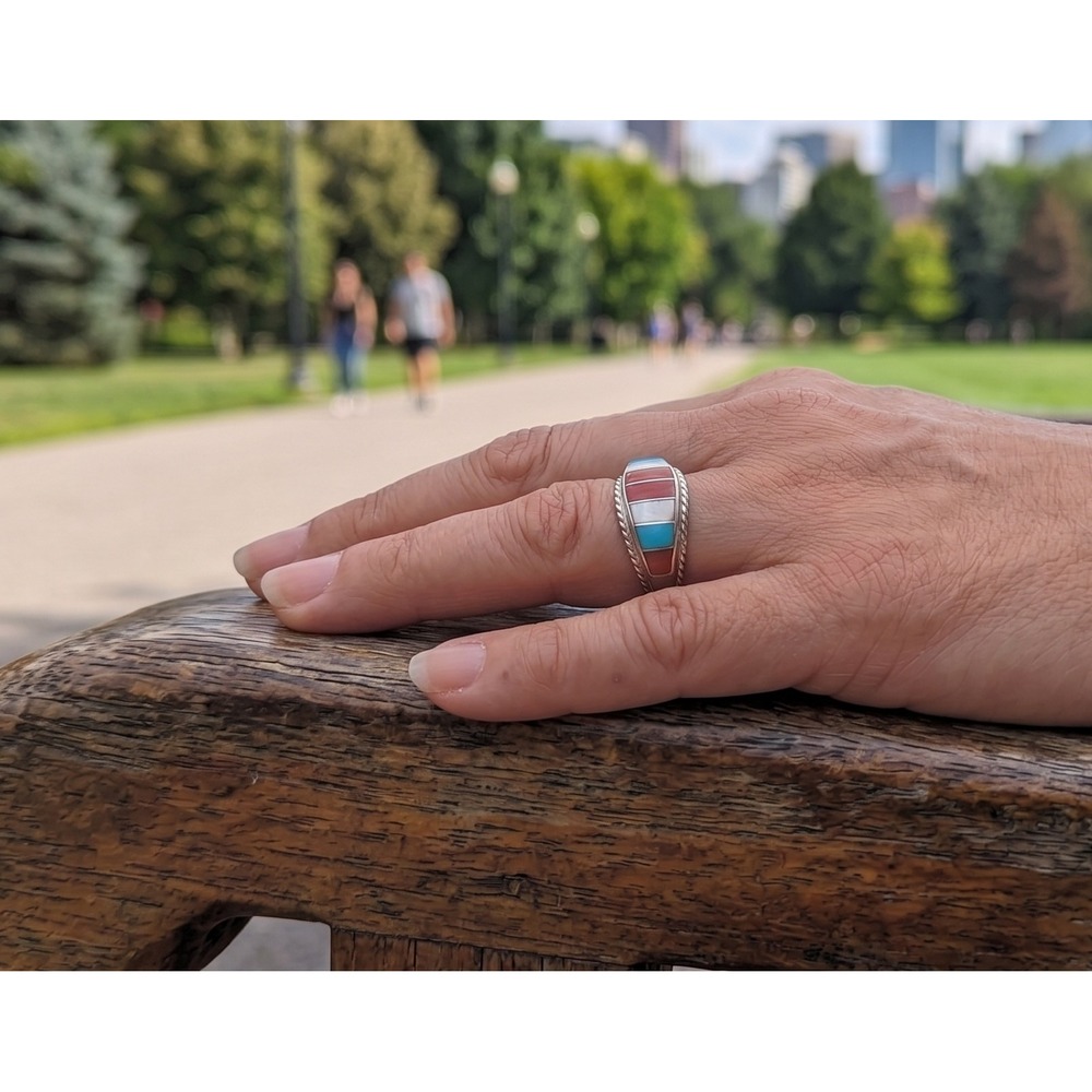 Handmade Zuni Inlaid Ring sz7.5 - Women Southwest Pueblo Jewelry Signed **